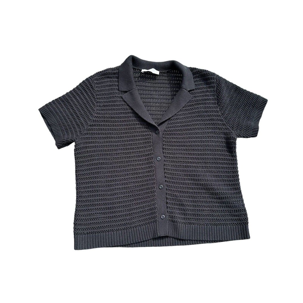 Everlane Women's Size Large The Crochet Knit Polo Black Organic Cotton Button Up